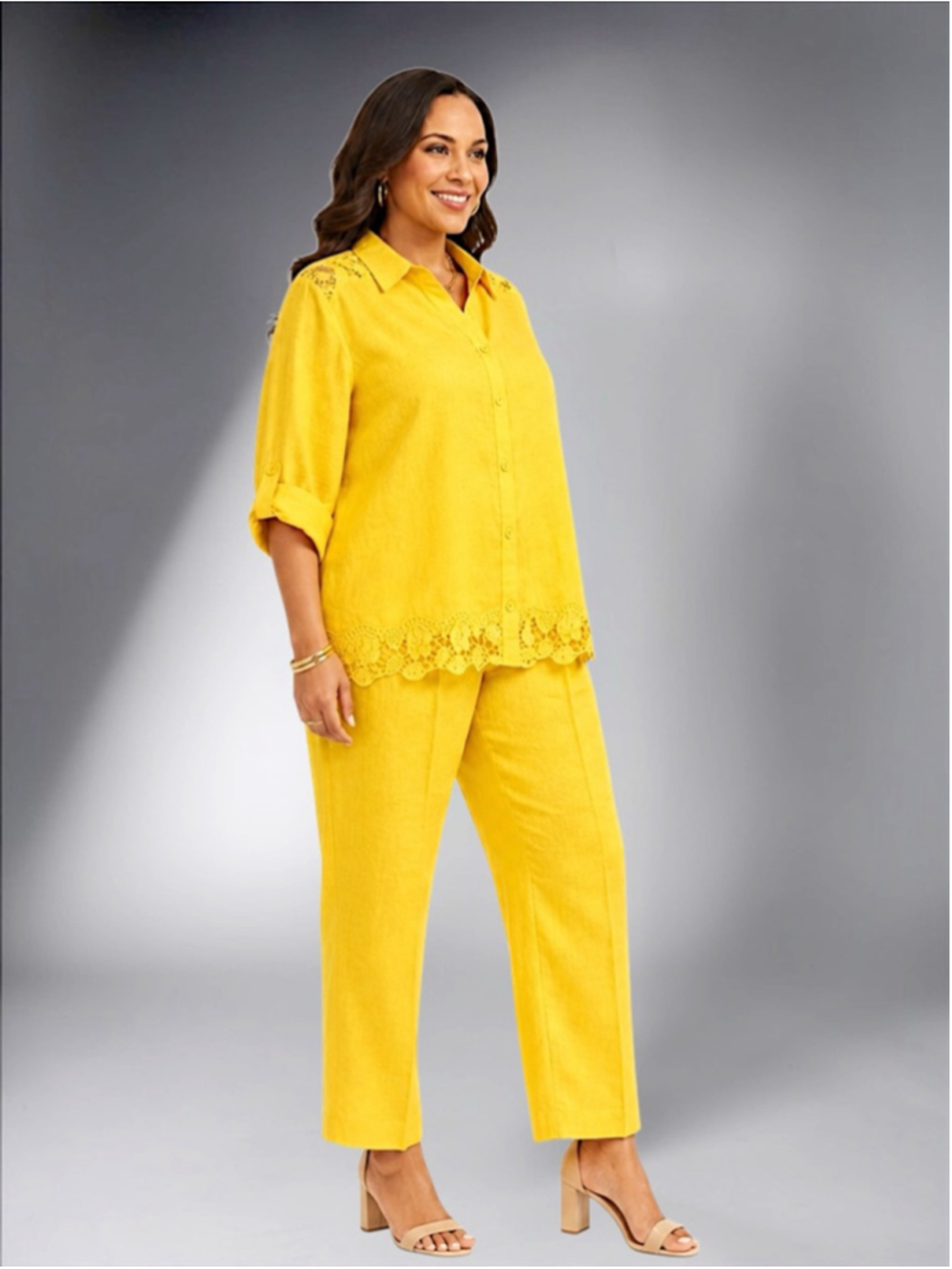 Especially Yours Signature Yellow Embroidered Linen Eyelet Shirt & Pant Set – Si